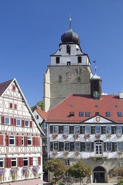 Stiftskirche Church and Town Hall at the Market Place, Herrenberg, Boblingen District, Baden Wurttemberg, Germany, Europe