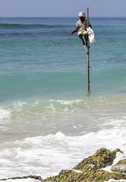 Stilt fisherman using traditional fishing techniques on a wooden pole, Weligama, Sri Lanka, Indian Ocean, Asia