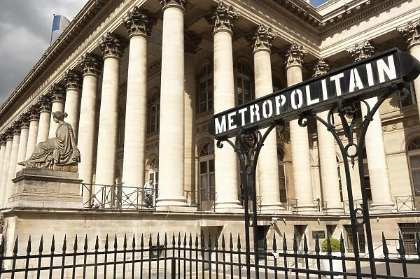 Stock Exchange (La Bourse) and Metropolitain sign at entrance to metro, Place de la Bourse, Paris, France, Europe