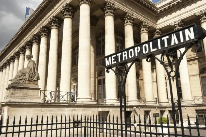 Framed Print : Stock Exchange (La Bourse) and Metropolitain sign at entrance to metro, Place de la Bourse, Paris, France, Europe Framed Print : Stock Exchange (La Bourse) and Metropolitain sign at entrance to metro, Place de la Bourse, Paris, France, Europe