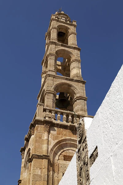 Stone bell tower of the Church of the Panagia, a Greek Orthodox place of worship