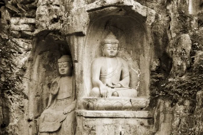 Framed Print : Stone Buddha rock carvings, Hangzhou, Zhejiang Province, China, Asia