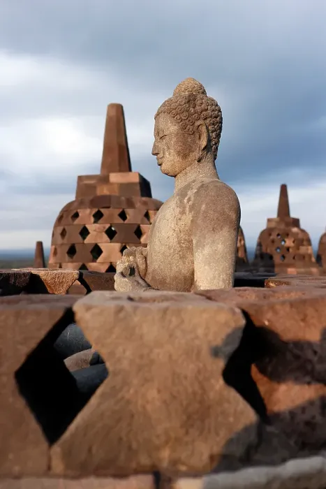 Framed Print : Stone Buddha statue, Borobudur, 9th-century Mahayana Buddhist temple, UNESCO, Java, Indonesia