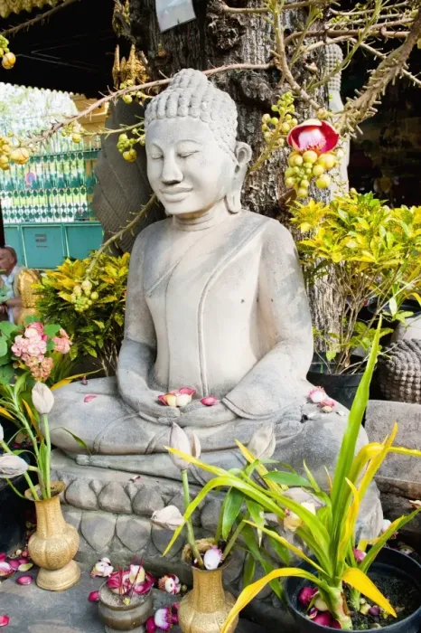 Framed Print : Stone Buddha statue covered in flowers at The Royal Palace, Phnom Penh, Cambodia, Indochina, Southeast Asia, Asia Framed Print : Stone Buddha statue covered in flowers at The Royal Palace, Phnom Penh, Cambodia, Indochina, Southeast Asia, Asia