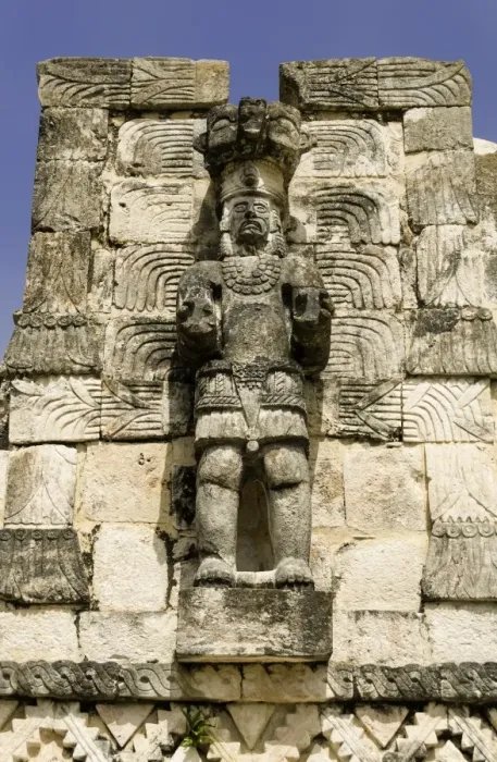 Framed Print : Stone carved Atlantes figures on the back of the Mayan ruins of El Palacio de las Mascarones at Kabah, in the Yucatan, Mexico, North America Framed Print : Stone carved Atlantes figures on the back of the Mayan ruins of El Palacio de las Mascarones at Kabah, in the Yucatan, Mexico, North America