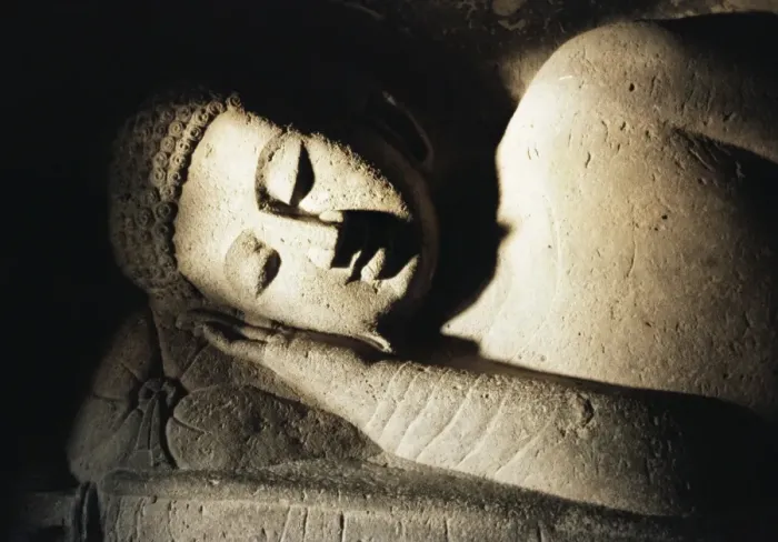 Framed Print : Detail of stone carving of the Buddha