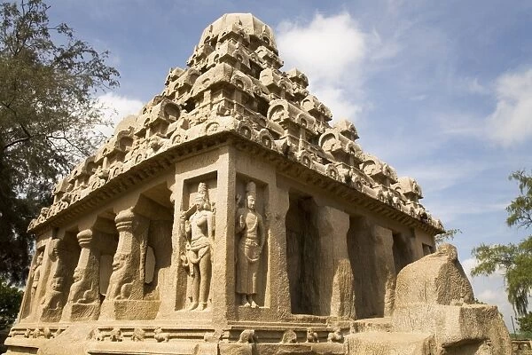 The stone Dharmaraja Ratha in the Five Rathas (Panch Rathas) complex at Mahabalipuram