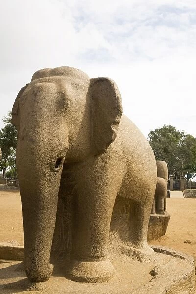 Stone elephant figure within the Five Rathas (Panch Rathas) complex at Mahabalipuram
