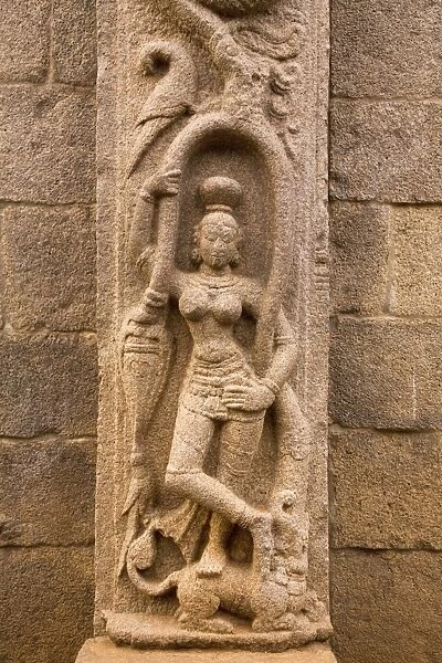 The stone figure of the goddess Ganga (Ganges) in the Five Rathas (Panch Rathas) complex at Mahabalipuram (Mamallapuram), Tamil Nadu