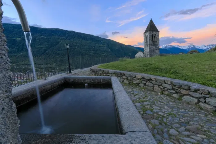 Framed Print : Stone fountain next to bell tower, Xenodochio of Santa Perpetua, Tirano, province of Sondrio Framed Print : Stone fountain next to bell tower, Xenodochio of Santa Perpetua, Tirano, province of Sondrio