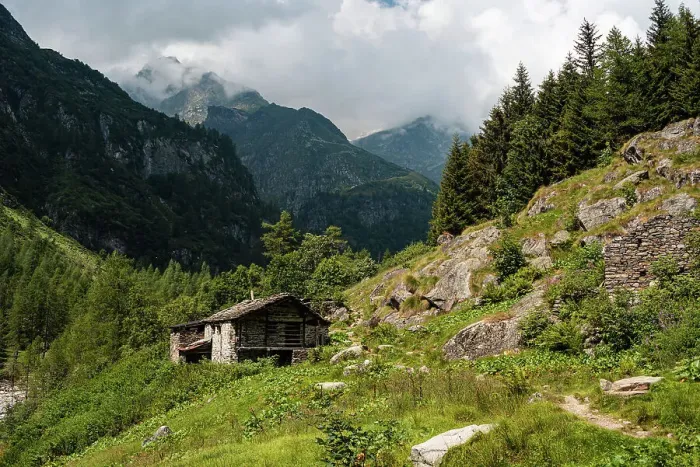 Framed Print : Stone hut in an alpine forest on a hiking trail in Alagna Valsesia area in the Italian Alps, Piedmont, Italy, Europe Framed Print : Stone hut in an alpine forest on a hiking trail in Alagna Valsesia area in the Italian Alps, Piedmont, Italy, Europe