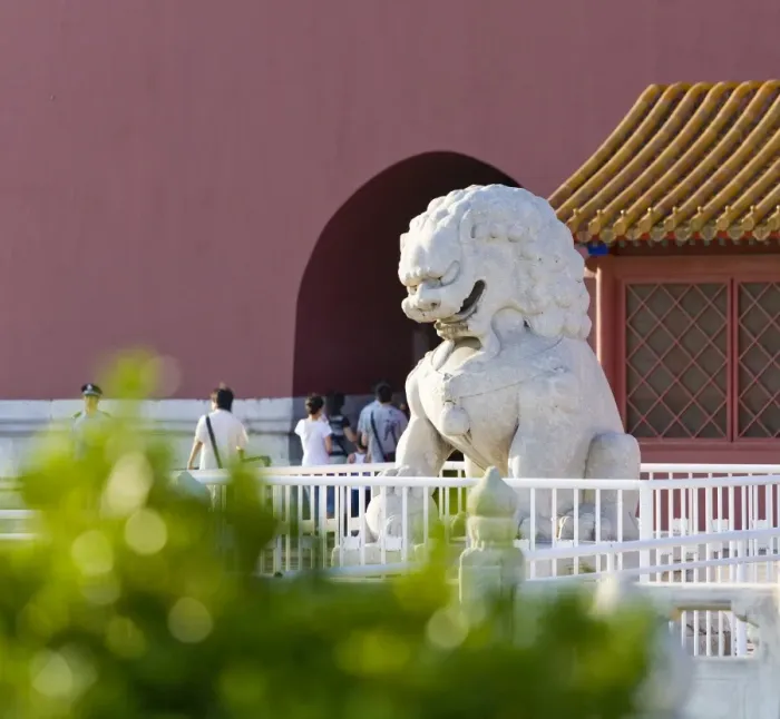 Framed Print : A stone lion greets visitors at the main entrance gate to The Forbidden City Framed Print : A stone lion greets visitors at the main entrance gate to The Forbidden City