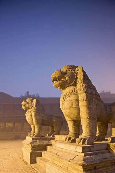 Stone lions, Durbar Square, Bhaktapur, Kathmandu valley, Nepal