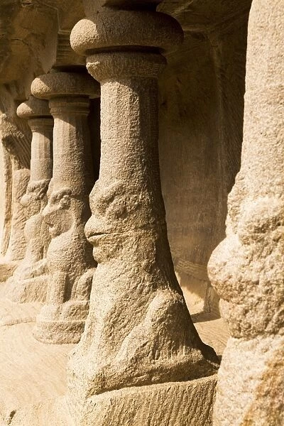 Stone pillars support the Bhima Ratha in the Five Rathas (Panch Rathas) complex at Mahabalipuram