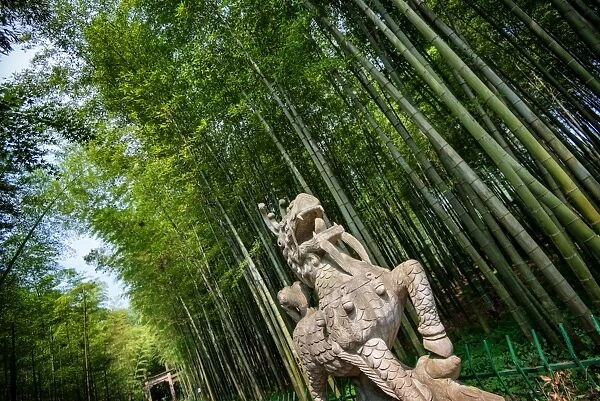 Stone Qi Ling statue, a mythical lion, at YunQi Bamboo Forest in Hangzhou, Zhejiang, China, Asia