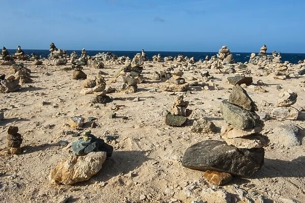Stone set up on shore, Aruba, ABC Islands, Netherlands Antilles, Caribbean, Central America