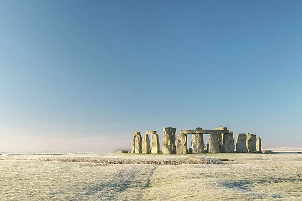 Stonehenge, UNESCO World Heritage Site, at dawn on a chilly frosty winter morning, Wiltshire, England, United Kingdom, Europe