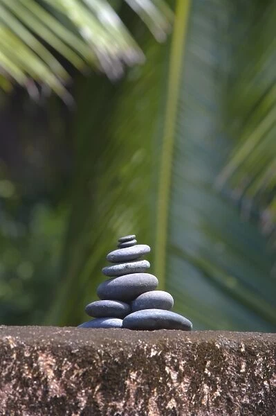 Stones balanced on rock, palm trees in background, Maldives, Indian Ocean, Asia