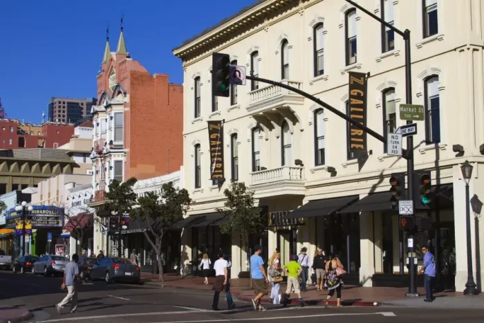Framed Print : Stores on Fifth Avenue in the Gaslamp Quarter, San Diego, California, United States of America Framed Print : Stores on Fifth Avenue in the Gaslamp Quarter, San Diego, California, United States of America