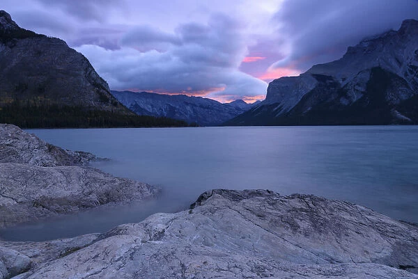 Storm over Mount Inglismaldie and Lake Minnewanka at sunrise, Banff National Park