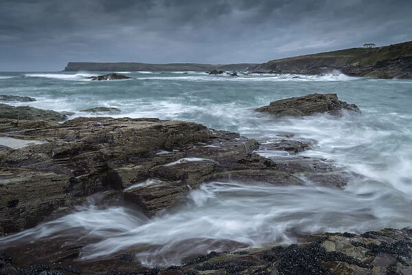 Stormy seas looking towards Pentire Point, Padstow, Cornwall, England, United Kingdom