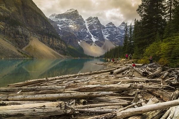 Stormy weather and visitors exploring at Moraine Lake, Banff National Park, UNESCO