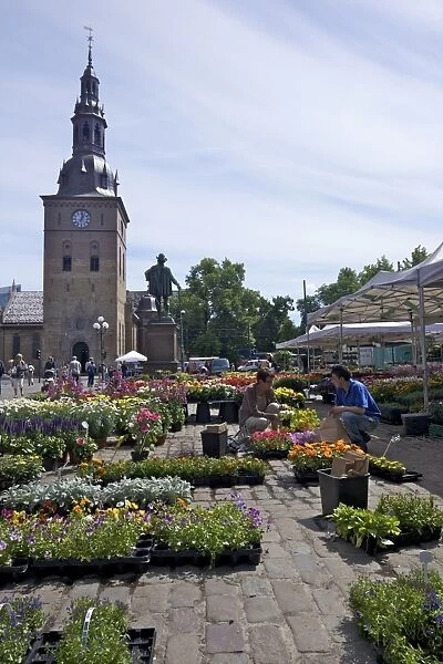 Stortorvet Square with flower market and Cathedral (Domkirke), Oslo, Norway