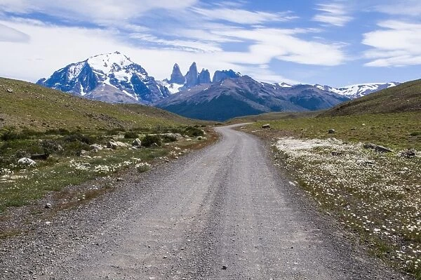 Straight road leading through the Torres del Paine National Park, Patagonia, Chile, South America
