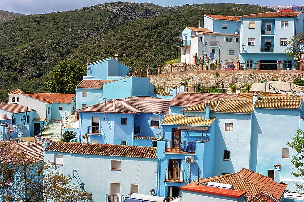 Street in blue painted Smurf house village of Juzcar, Pueblos Blancos region, Andalusia, Spain, Europe