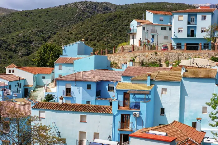 Framed Print : Street in blue painted Smurf house village of Juzcar, Pueblos Blancos region, Andalusia, Spain, Europe Framed Print : Street in blue painted Smurf house village of Juzcar, Pueblos Blancos region, Andalusia, Spain, Europe