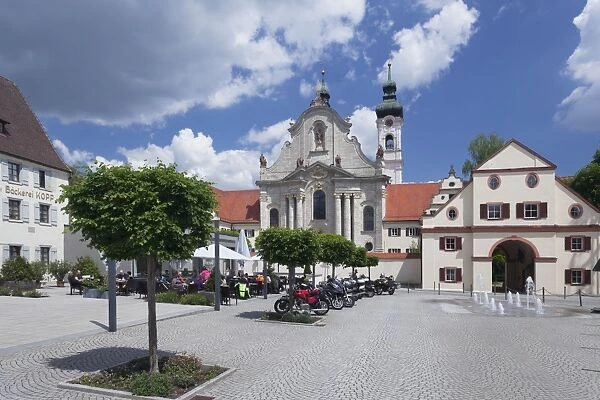 Street cafe in front of Baroque cathedral, Zwiefalten Monastery, Swabian Alb, Baden Wurttemberg, Germany, Europe