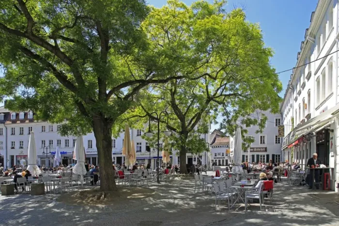 Framed Print : Street cafe on St. Johanner Markt Square in the Old Town, Saarbrucken, Saarland, Germany