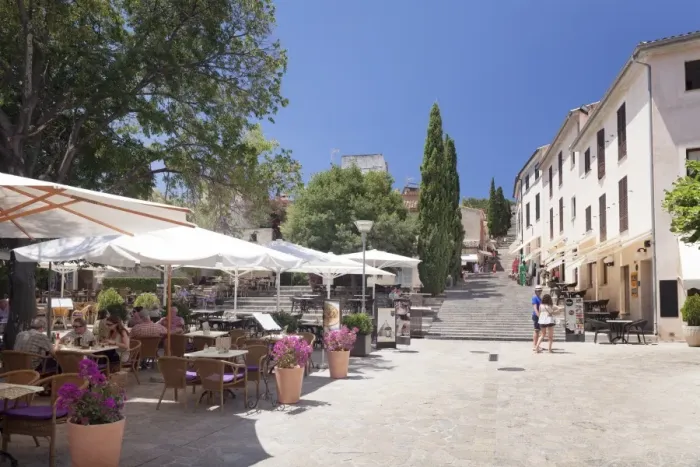 Framed Print : Street cafes and restaurant at market place Placa Major, Pollenca, Majorca, Balearic Islands, Spain, Europe Framed Print : Street cafes and restaurant at market place Placa Major, Pollenca, Majorca, Balearic Islands, Spain, Europe