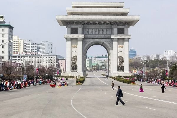 Street celebrations in front of the Arc of Triumph on the 100th anniversary of the birth of President Kim Il Sung, April 15th 2012, Pyongyang, Democratic Peoples Republic of Korea (DPRK), North Korea, Asia