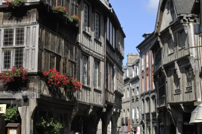 Framed Print : Street of half timbered houses, Dinan, Cotes d Armor, Brittany, France, Europe Framed Print : Street of half timbered houses, Dinan, Cotes d Armor, Brittany, France, Europe