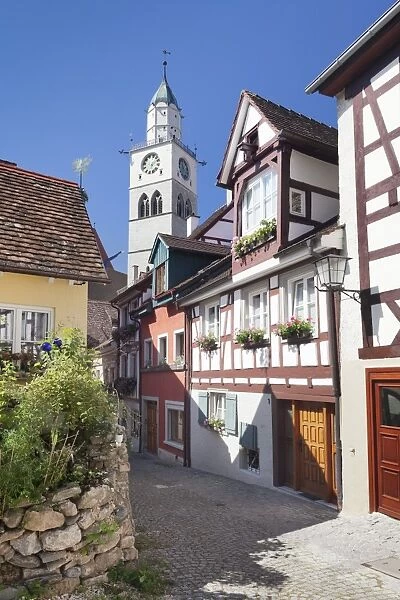 Street in the old town with St. Nikolaus Minster, Uberlingen, Lake Constance (Bodensee), Baden Wurttemberg, Germany, Europe