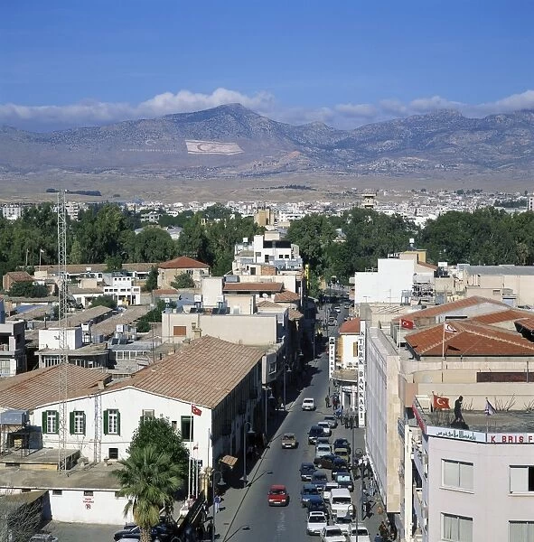 Street and rooftops of Turkish Cypriot North Nicosia with Kyrenia mountains in distance