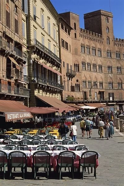Street scene of cafes on the Piazza del Campo in Siena