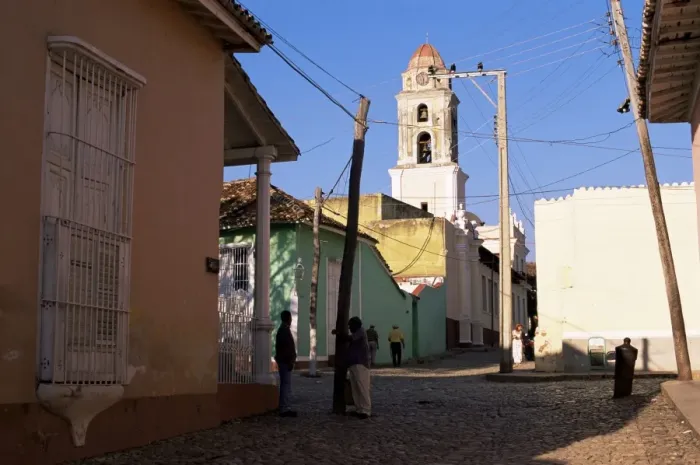 Framed Print : Street scene with church belltower, Trinidad, UNESCO World Heritage Site Framed Print : Street scene with church belltower, Trinidad, UNESCO World Heritage Site