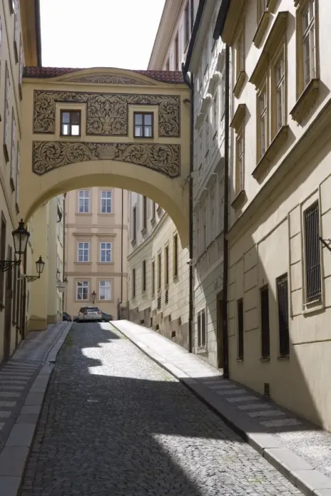 Framed Print : Empty street scene, decorative arch, Little Quarter, Old Town, Prague, Czech Republic