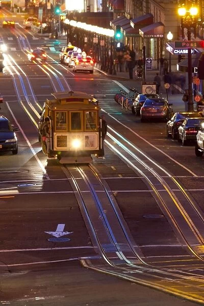 Street scene at night with historic San Francisco street car, San Francisco, California, United States of America, North America