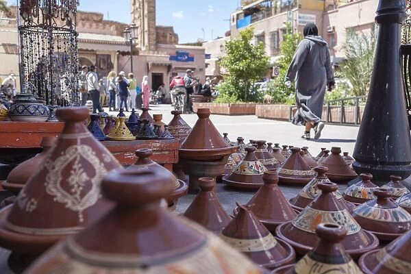 A street sellers wares, including tagines and clay pots near the Kasbah, Marrakech, Morocco, North Africa, Africa