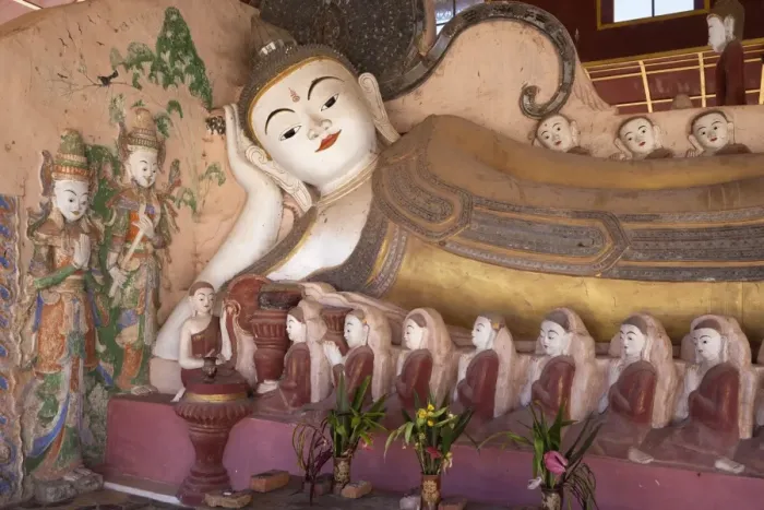 Framed Print : Stucco sculpture of reclining Buddha, Tharkong Pagoda, Inle Lake, Shan State, Myanmar (Burma), Asia Framed Print : Stucco sculpture of reclining Buddha, Tharkong Pagoda, Inle Lake, Shan State, Myanmar (Burma), Asia