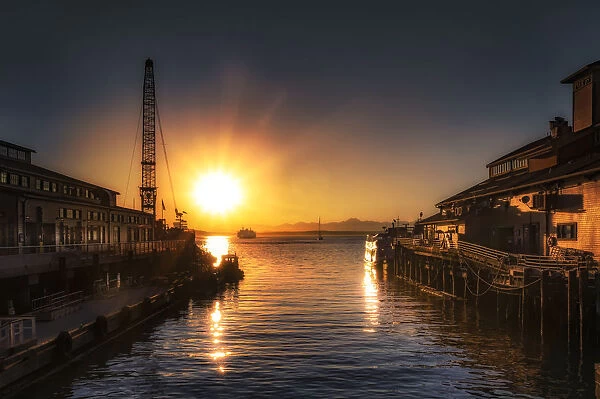 Stunning sunset over Pier 55 in Seattle, Washington State, United States of America