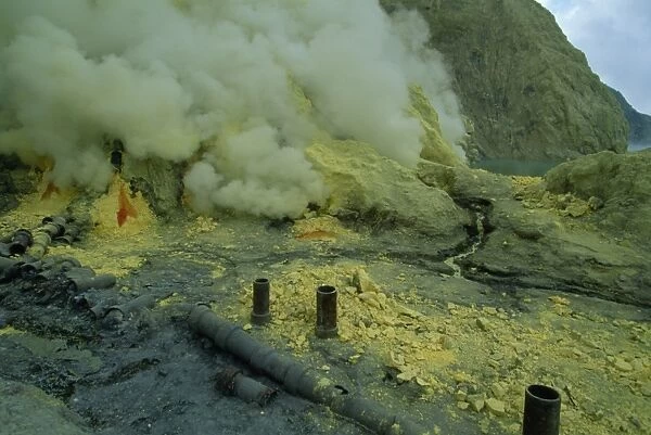 Sulphur smoke from fumaroles in the crater, Gunung Ijen volcano, Java, Indonesia