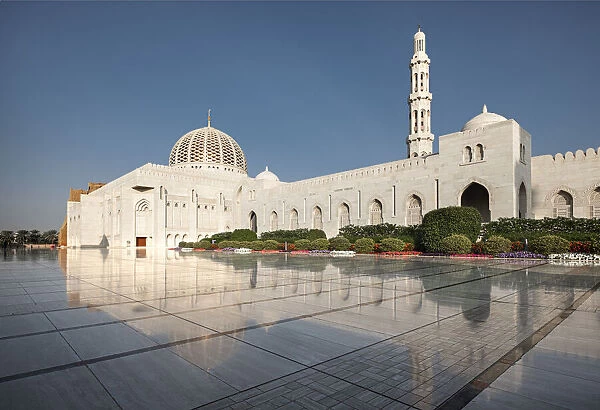 Sultan Qaboos Mosque reflected in the shiny marble floor, Muscat, Oman, Middle East