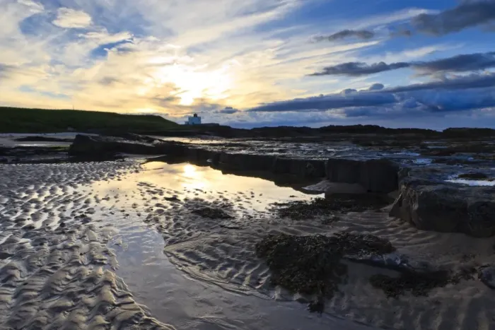 Framed Print : Summer sunset over Bamburgh beach lighthouse, Bamburgh, Northumberland, England Framed Print : Summer sunset over Bamburgh beach lighthouse, Bamburgh, Northumberland, England