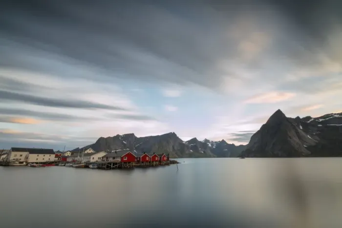 Framed Print : The summer sunset at night on fishing village and cold sea, Hamnoy, Moskenesoya, Nordland county