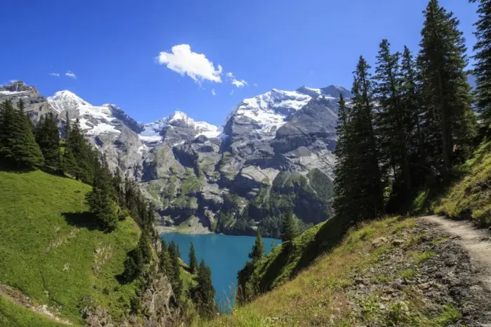 Framed Print : Summer view of Lake Oeschinensee, Bernese Oberland, Kandersteg, Canton of Bern, Switzerland Framed Print : Summer view of Lake Oeschinensee, Bernese Oberland, Kandersteg, Canton of Bern, Switzerland