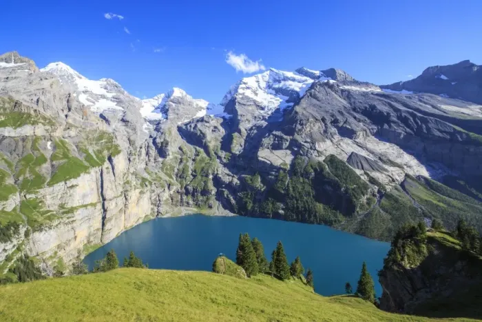 Framed Print : Summer view of Lake Oeschinensee, Bernese Oberland, Kandersteg, Canton of Bern, Switzerland Framed Print : Summer view of Lake Oeschinensee, Bernese Oberland, Kandersteg, Canton of Bern, Switzerland